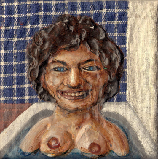 Impasto-Acrylmalerei einer lächelnden Frau in der Badewanne – handgefertigte Kunst von Sündwaren-Konditorei