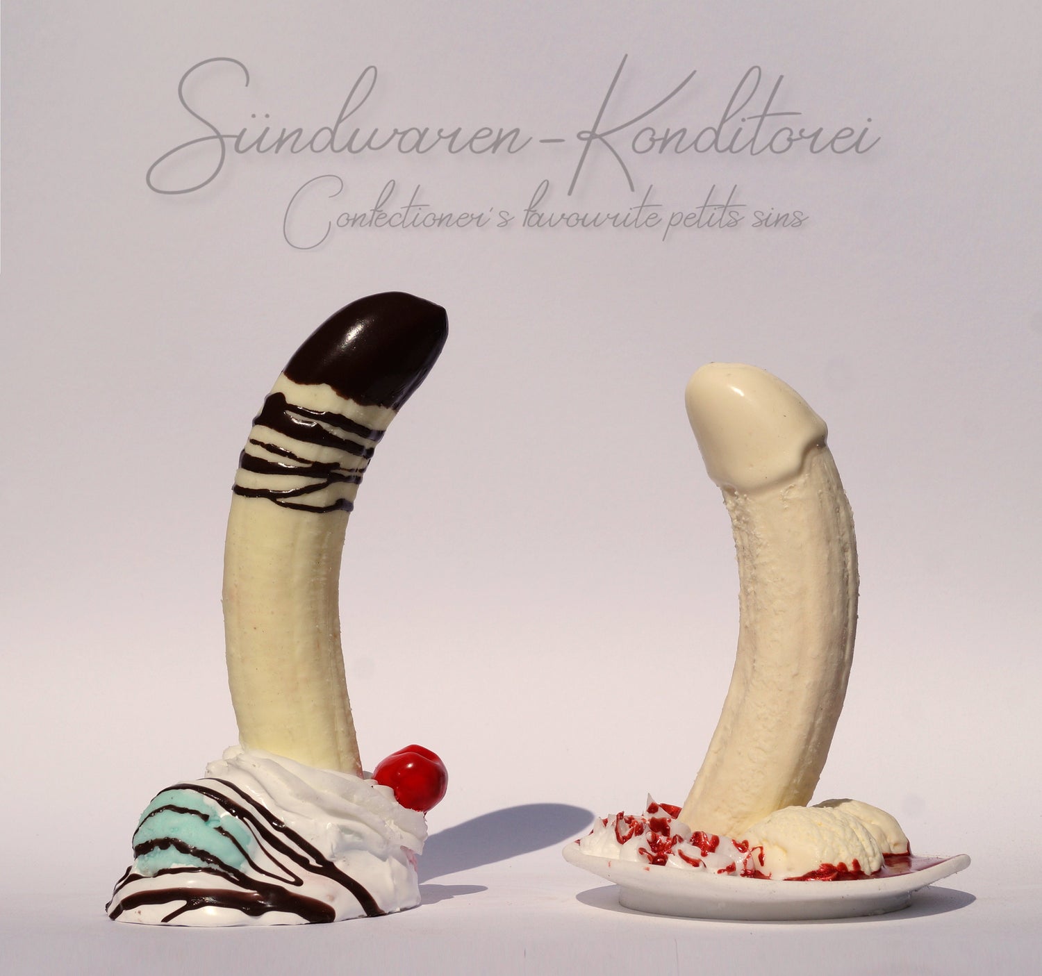 Handgefertigte Saugnapfdildos aus Platinsilikon - Bananasplit Design - Sündwaren-Konditorei