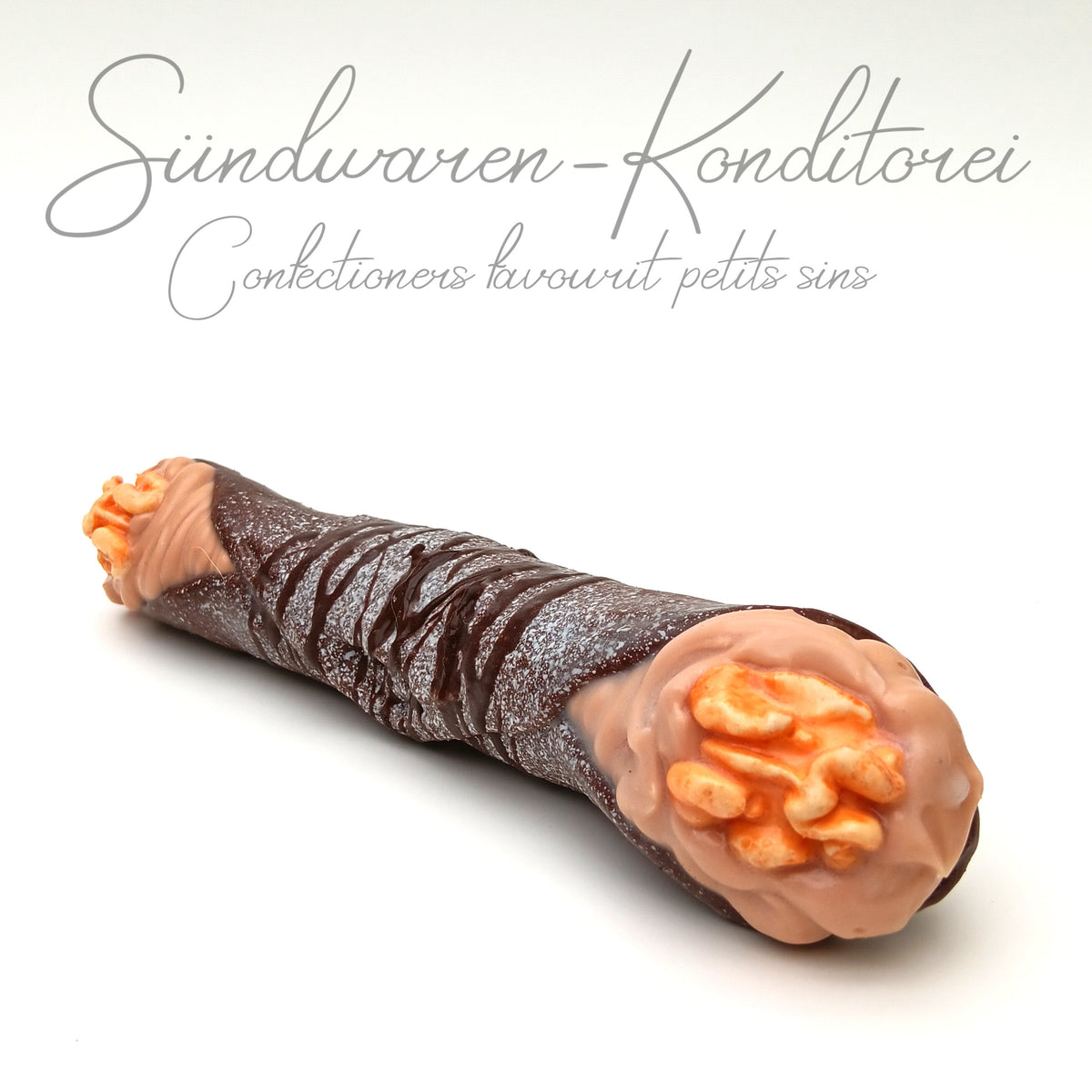 Premium Wallnuss Cannolo Silikondildo handgefertigt – Frontansicht, Platinsilikon, Made in Germany
