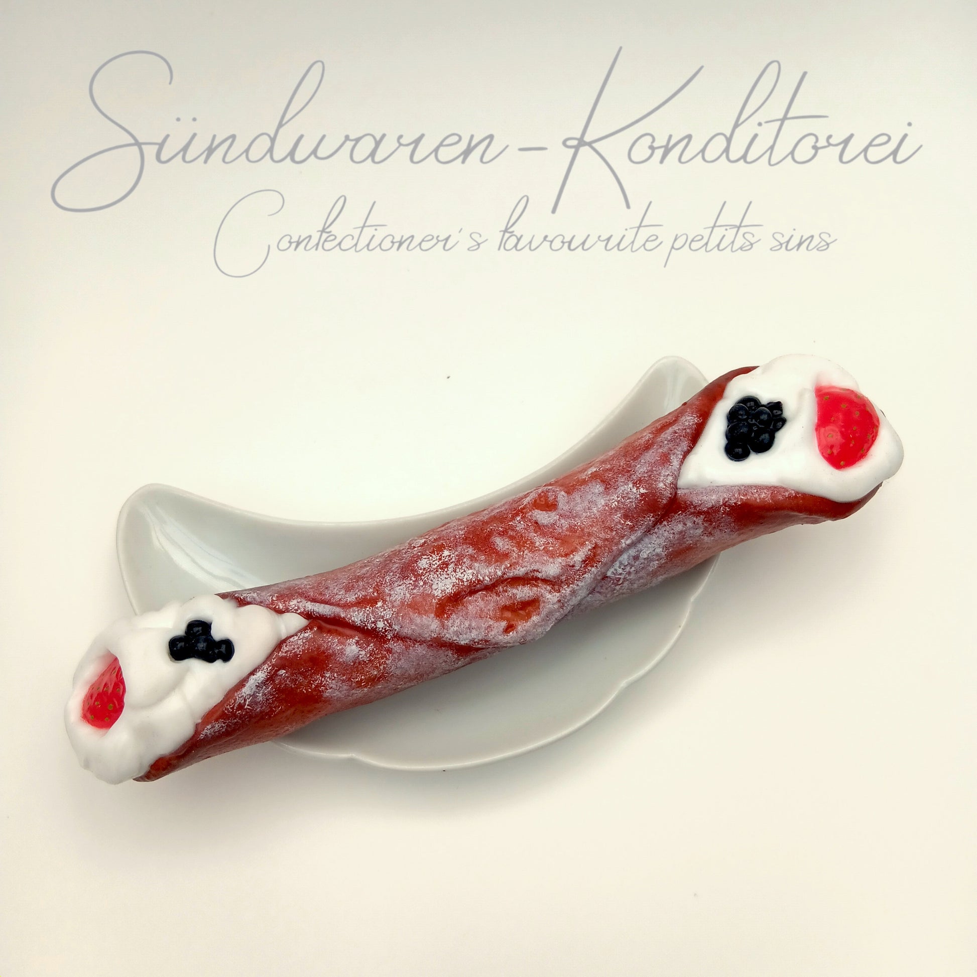 Premium Cannolo mit Puderzucker und Früchten - handgefertigter Silikondildo in der sizilianischen Leckereivariante Sündwaren-Konditorei